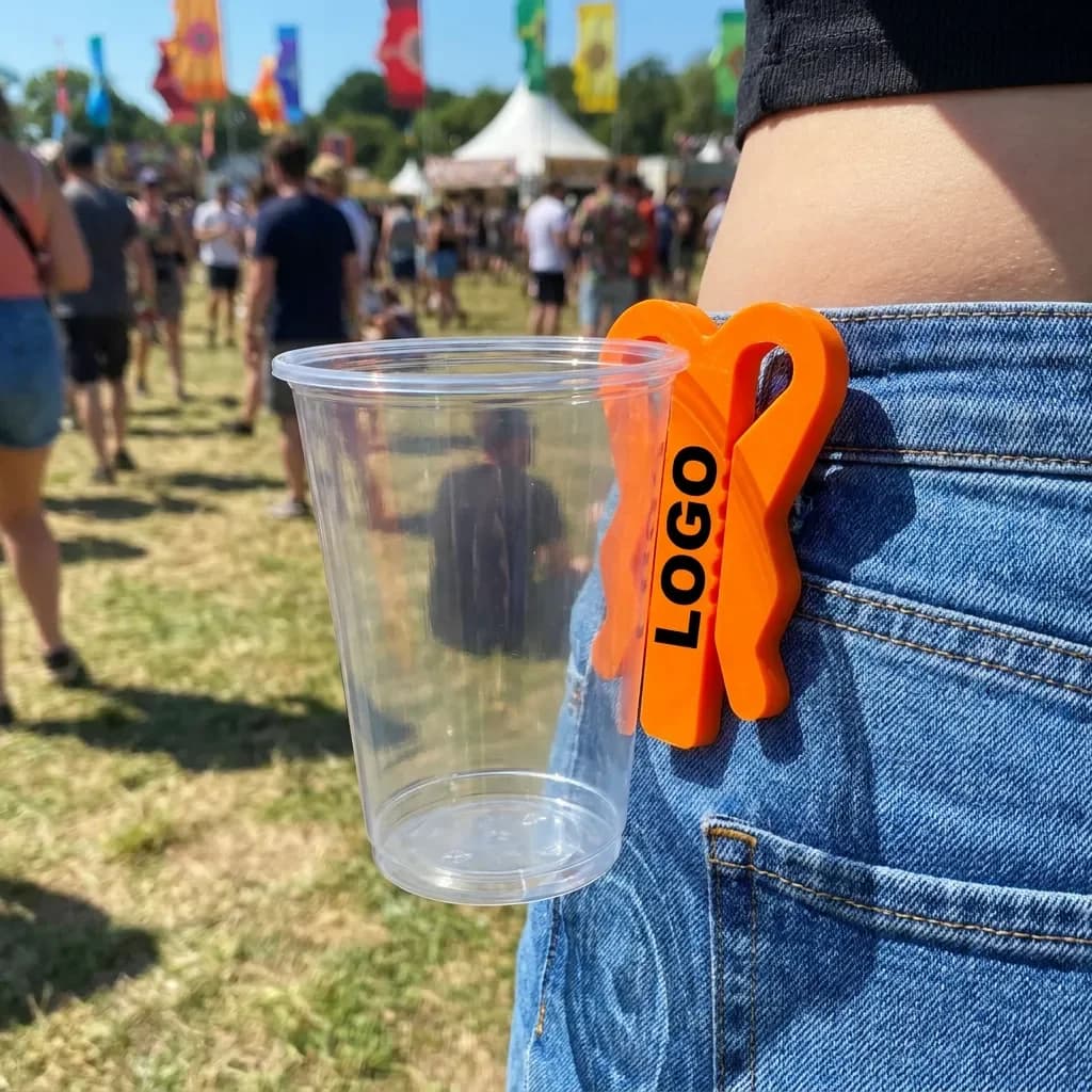 Hand met oranje Festiclip bekerhouder met beker aan een broeksband op een festivalterrein