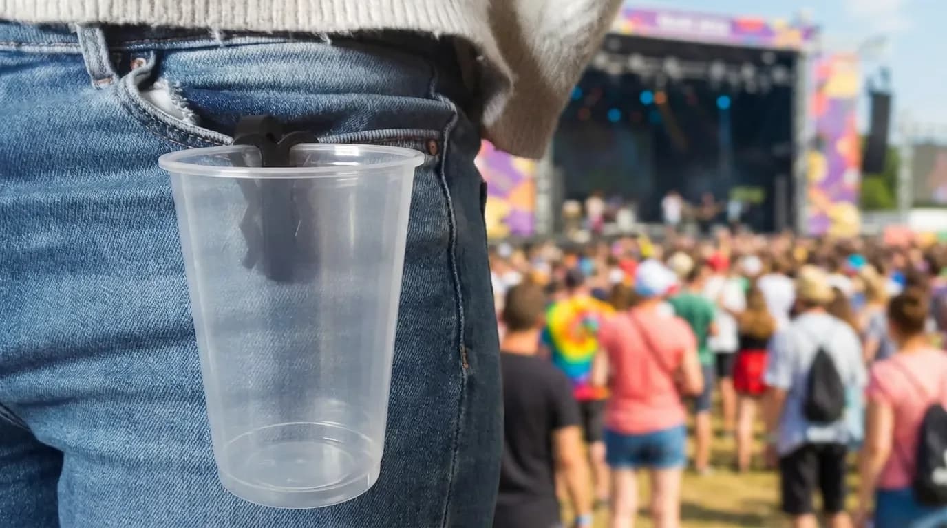 Festiclip Becherhalter mit Becher, montiert an einem Hosenbund